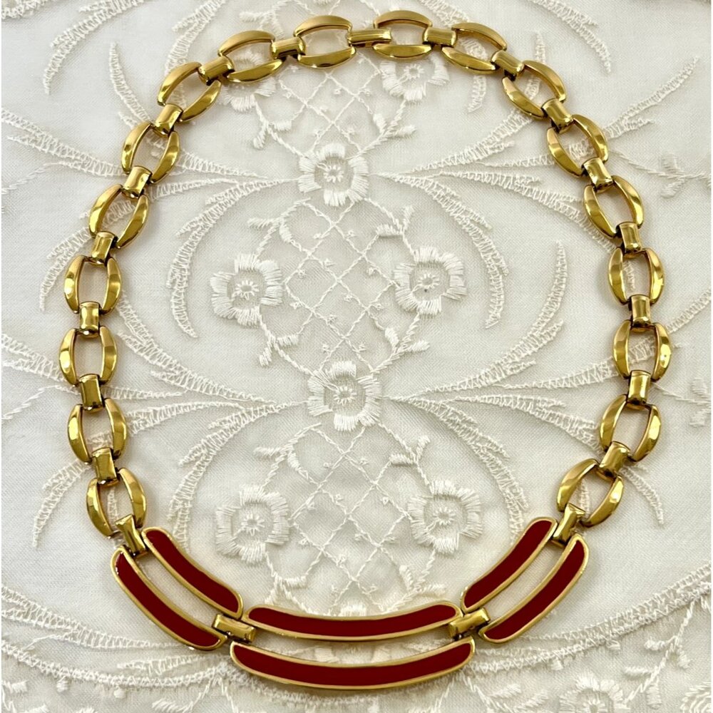 Napier Vintage 1980s Red Enamel Chunky Chain Gold Plated Necklace 16" Statement